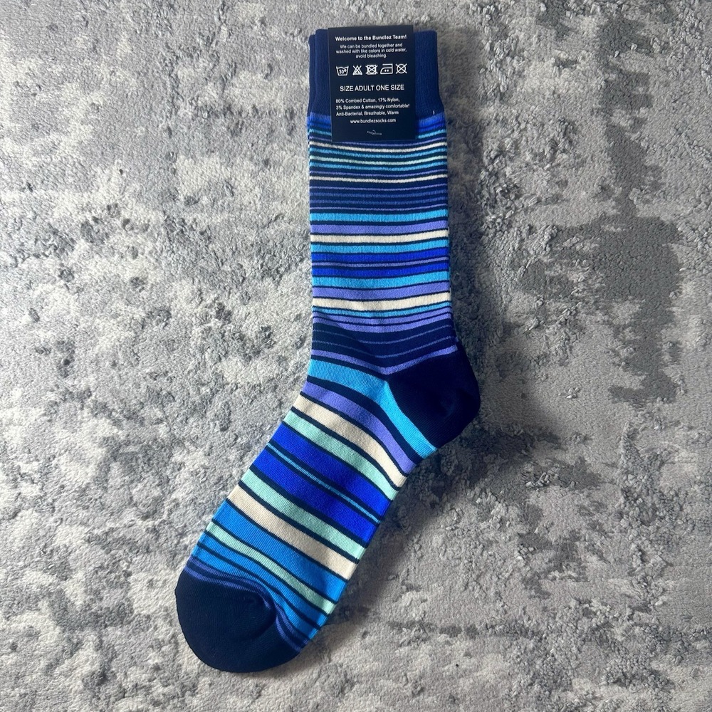 Bundlez Socks Mens Striped Crew Socks Blue Navy Teal Cotton Blend One Size NEW - Picture 2 of 2